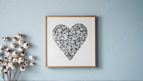 White frame on blue wall minimalistic heart and with cotton buds