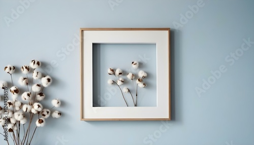 White frame on blue wall with cotton buds
