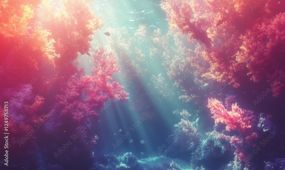 Fototapeta premium Serene underwater scene with sunlight beams penetrating the deep ocean, illuminating soft coral and fish.