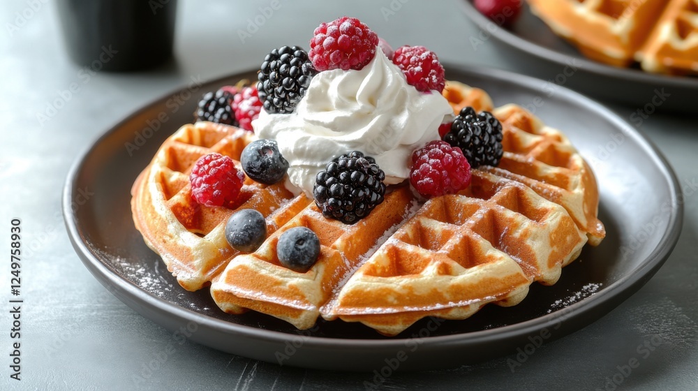 Savoring delicious waffle delight with berries and cream cozy kitchen food photography warm atmosphere close-up view Savoring delicious waffle delight with berries and cream cozy kitchen food photography warm atmosphere close-up view