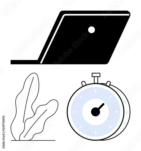 Laptop corner, stopwatch with precise timing, and outlined plant leaf. Ideal for efficiency, focus, balance, digital tasks, workflow, productivity minimalism abstract line flat metaphor