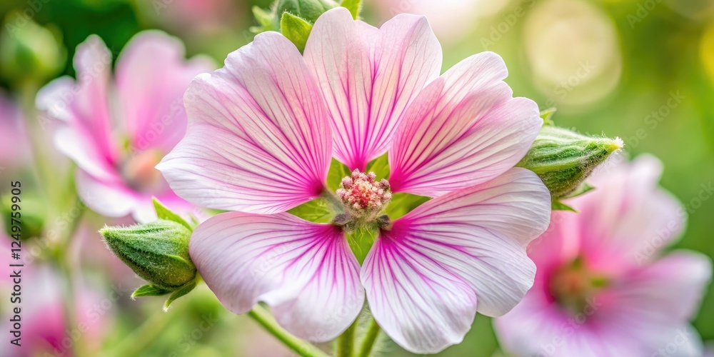 Obraz premium Delicate pink Althaea officinalis blossoms, a detailed botanical close-up revealing intricate floral structures.