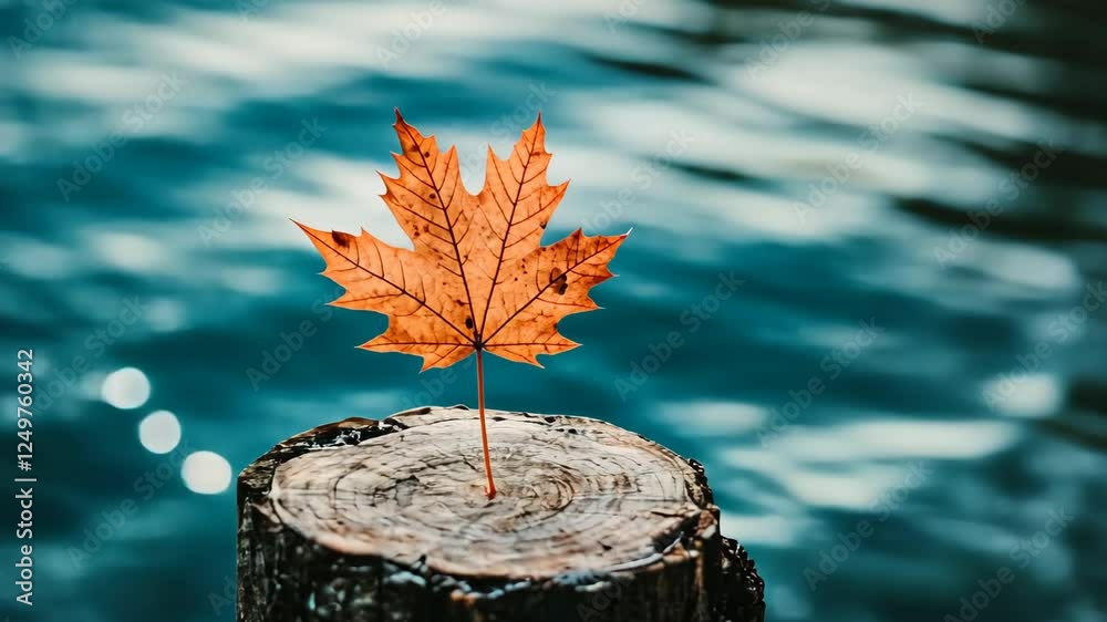 Beautiful autumn leaf resting on a log by the water in a serene environment capturing nature's tranquility