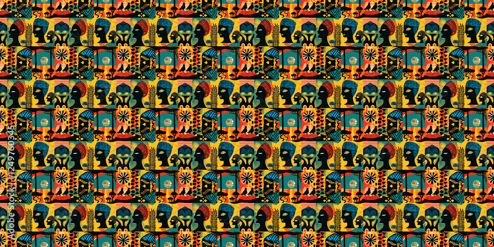 Abstract African art shapes seamless backgrounds, tribal geometric decoration patterns. Colored flat boho symbols illustrations Abstract African art shapes seamless backgrounds, tribal geometric decoration patterns. Colored flat boho symbols illustrations