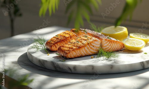 uicy grilled salmon fillets on a marble plate, garnished with dill and lemon slices, highlighted by soft, natural light to emphasize their rich texture and color photo