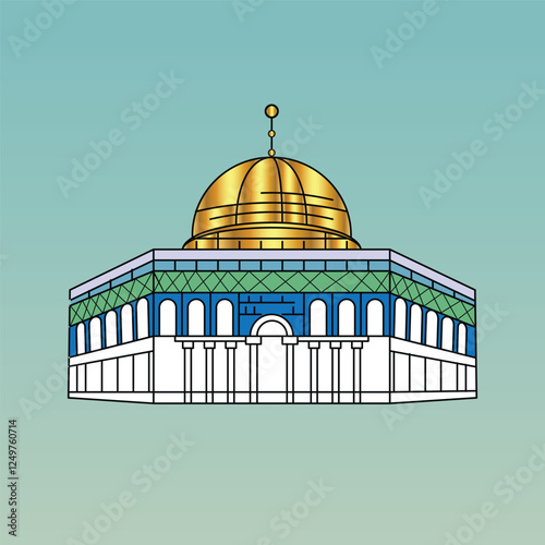 Dome of the Rock in Al-Aqsa mosque compound in Jerusalem, golden green and white, abstract background