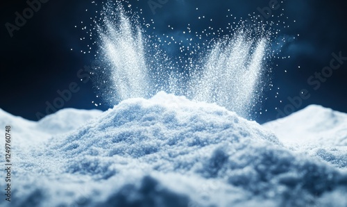 Fine powdered sugar exploding in mid-air, with particles highlighted by cool blue and white lighting for a dynamic and energetic composition. photo