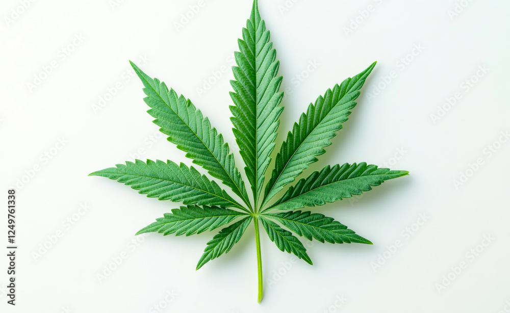 A leaf of a marijuana plant is shown on a white background. The leaf is green and has a distinct shape. Concept of natural beauty and the plant's unique appearance A leaf of a marijuana plant is shown on a white background. The leaf is green and has a distinct shape. Concept of natural beauty and the plant's unique appearance