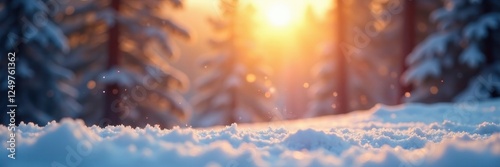 Blurred snowy landscape; golden light flares create magical atmosphere , golden bokeh, landscape, winter lights
