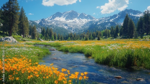 Wildflowers, stream, mountains, sunny day, scenic landscape, nature photography