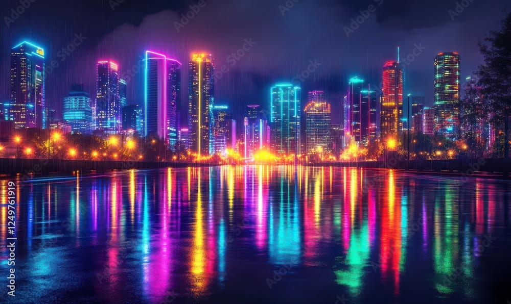 Vibrant city skyline glowing with colorful neon lights reflected on a rainy street, showcasing nightlife and urban energy. Vibrant city skyline glowing with colorful neon lights reflected on a rainy street, showcasing nightlife and urban energy.