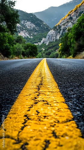 Winding mountain road with bright yellow dividing line stretching into distance, surrounded by dramatic rocky cliffs and lush green vegetation in morning light.