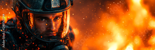 A firefighter is wearing a helmet and standing in front of a fire. The fire is orange and the background is blurry