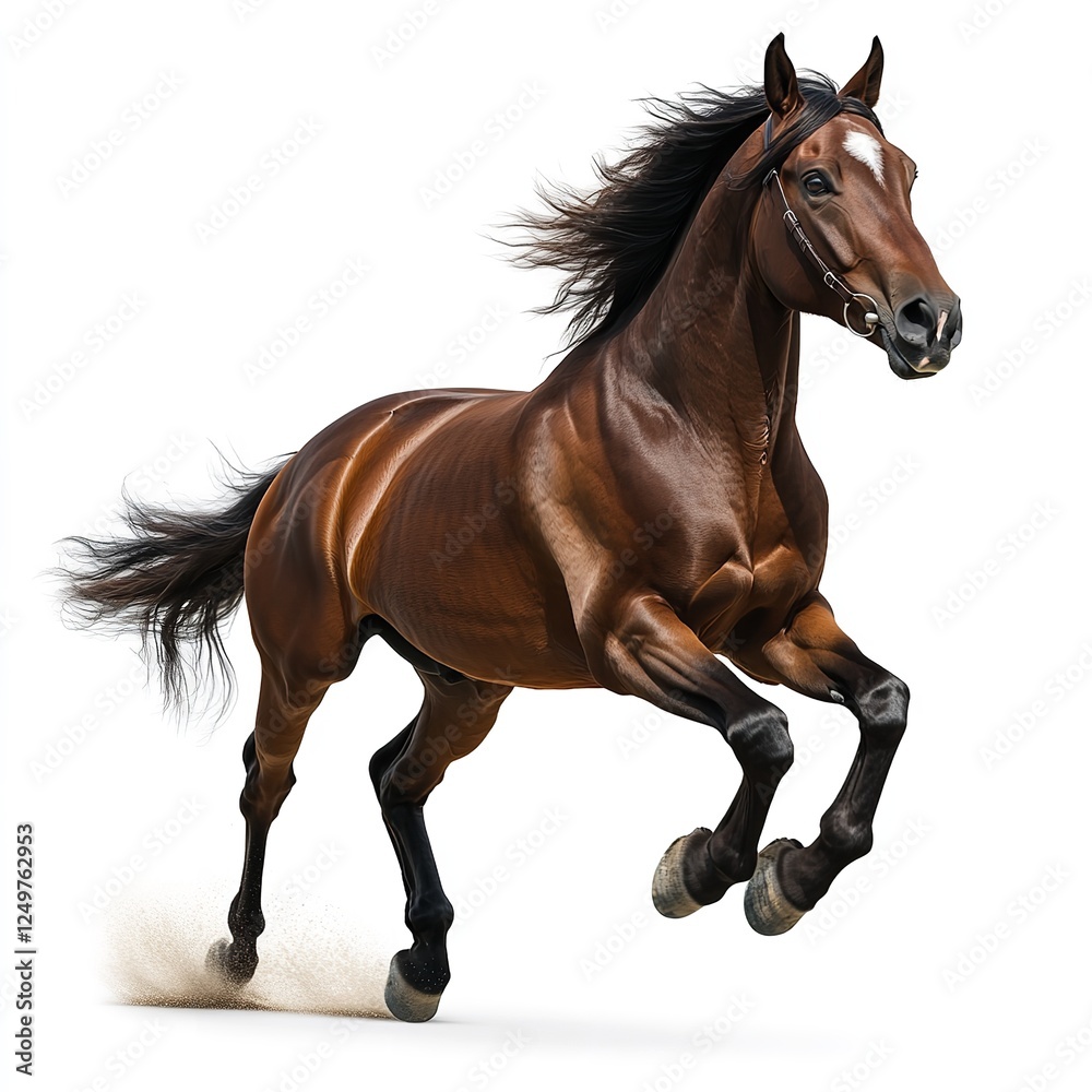 Obraz premium Photorealistic Full-Body Shot of a Beautiful Brown Horse Running on a White Background in High Resolution