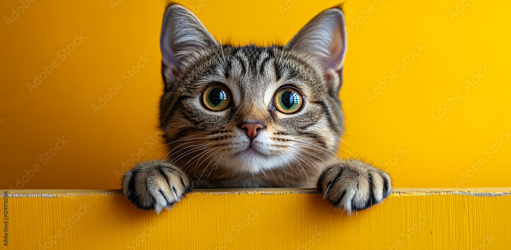 Fototapeta A cat is looking at the camera with its eyes wide open. The cat is standing on a yellow surface and he is curious about its surroundings