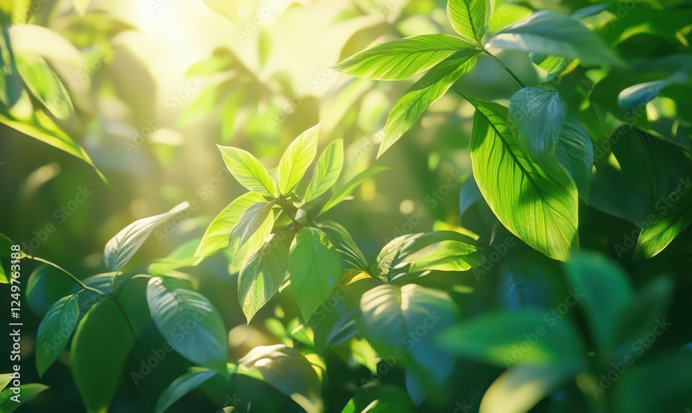 Obraz premium Vibrant green leaves and shadows illuminated by warm sunlight, creating a captivating jungle vibe