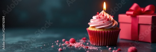Delicious cupcake with lit candle, beside a gift , cute, candle, birthday