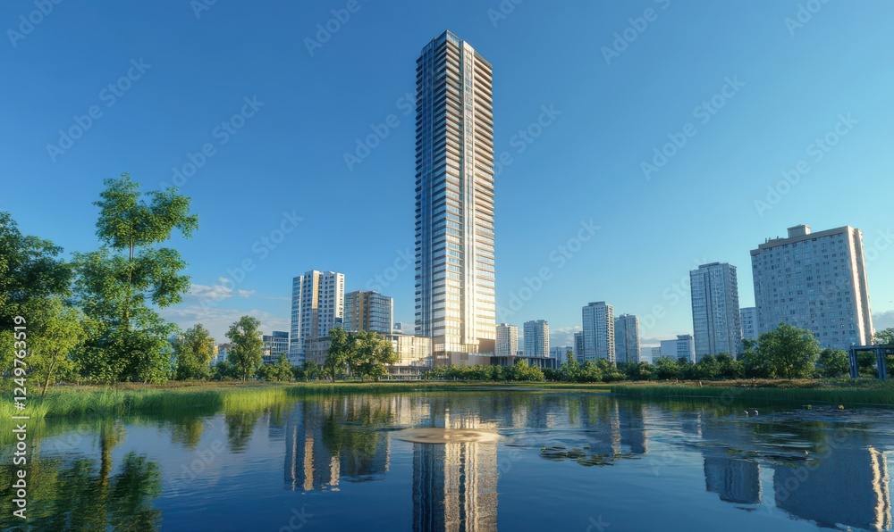 Gleaming modern skyscraper under a clear blue sky with reflections of nearby buildings, showcasing urban growth and innovation. Gleaming modern skyscraper under a clear blue sky with reflections of nearby buildings, showcasing urban growth and innovation.