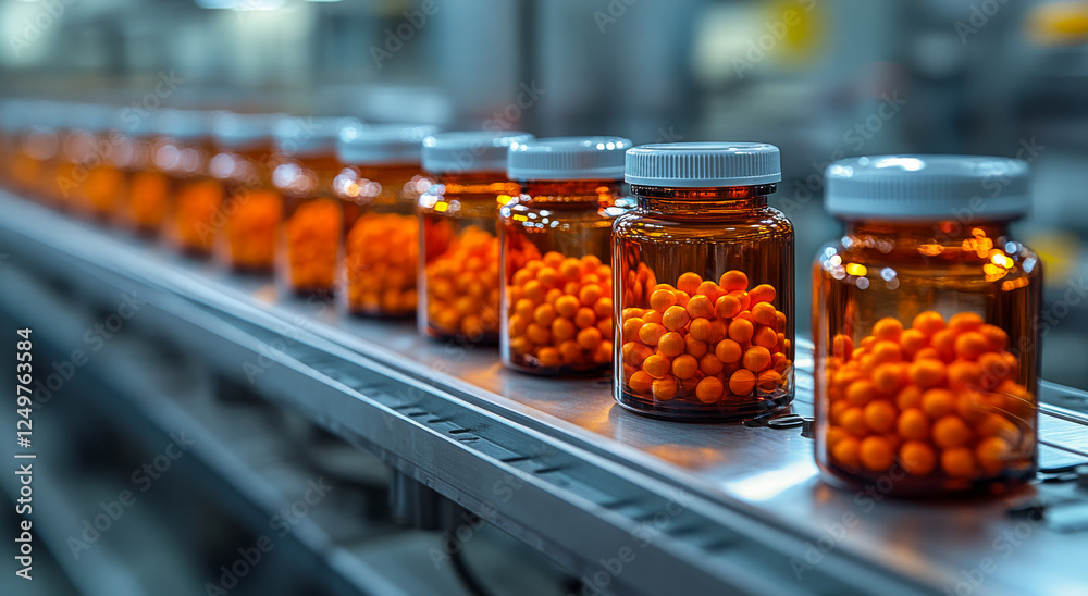A row of orange pills are being made on a production line. The pills are in small glass bottles and are being filled with the pills A row of orange pills are being made on a production line. The pills are in small glass bottles and are being filled with the pills