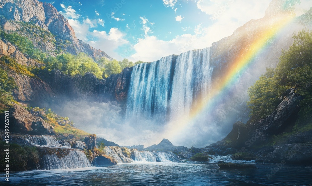 Fototapeta premium Majestic waterfall cascading down a rocky cliff, mist rising and sunlight refracting into a rainbow, creating a breathtaking natural scene