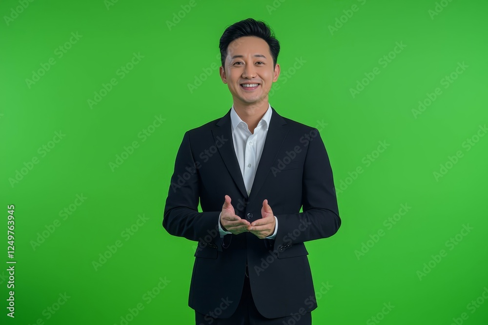 Asian businessman wear black suit hosting tv show or advertisement in front of green screen. Asian businessman wear black suit hosting tv show or advertisement in front of green screen.
