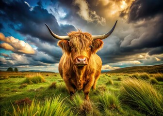 Tableau sur aluminium  Fluffy Highland cow grazes peacefully in a misty Scottish Highlands field.  © nick