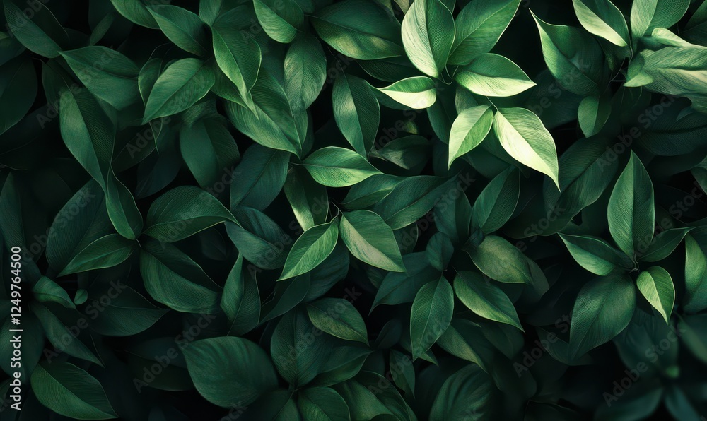 Rich green tropical leaves with glossy textures forming a lush natural pattern under soft light Rich green tropical leaves with glossy textures forming a lush natural pattern under soft light