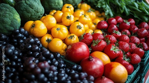 Colorful fresh fruits and vegetables at market photo