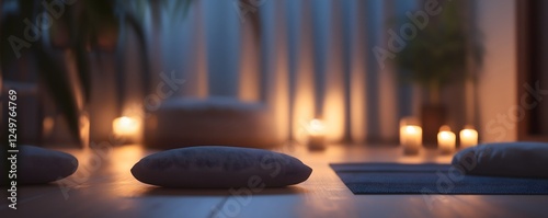 Serene yoga and meditation studio with floor cushions and soft candlelight, creating peaceful atmosphere for mindfulness, relaxation, and holistic wellness practice indoors