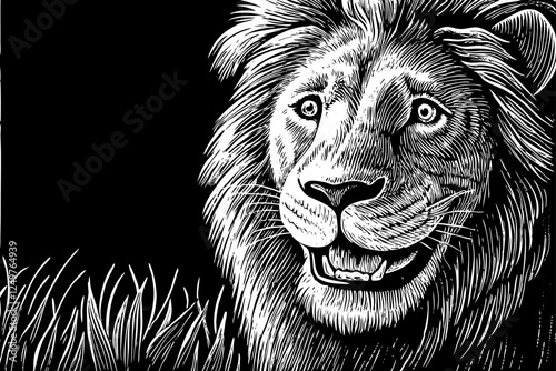 happy lion portrait black and white funny hand drawn sketch for painting book photo