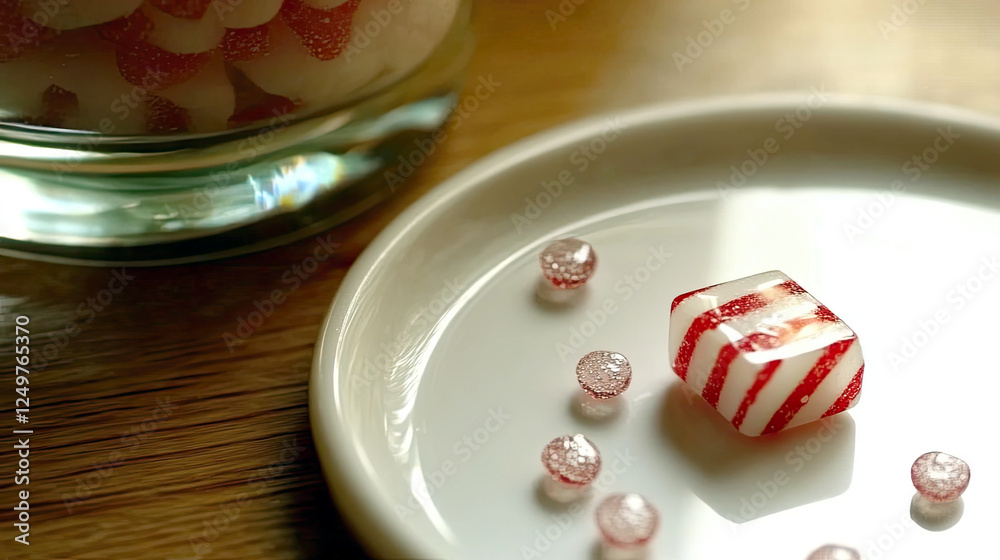 Delightful Peppermint Candy Placed Elegantly on a Clean White Plate Against a Serene Background Delightful Peppermint Candy Placed Elegantly on a Clean White Plate Against a Serene Background
