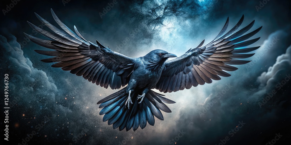 Fototapeta premium Hand-drawn ink raven, gothic backdrop, dark fantasy art; mysterious avian, supernatural creature.