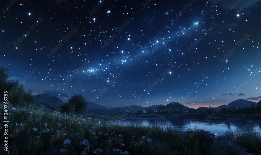 Naklejka premium Starry night sky with glowing constellations above a peaceful landscape, the Milky Way arching across the scene in breathtaking detail