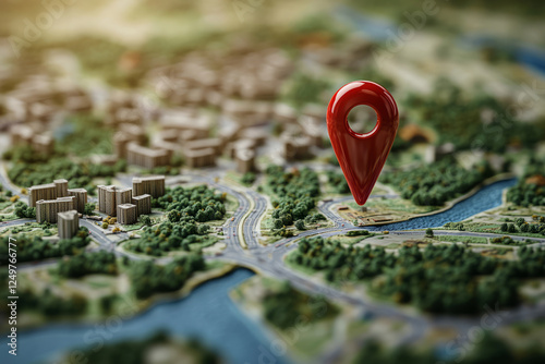 Red location pin on city map with roads and buildings