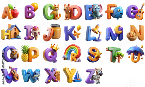 Alphabet with corresponding objects for each letter in a playful design  