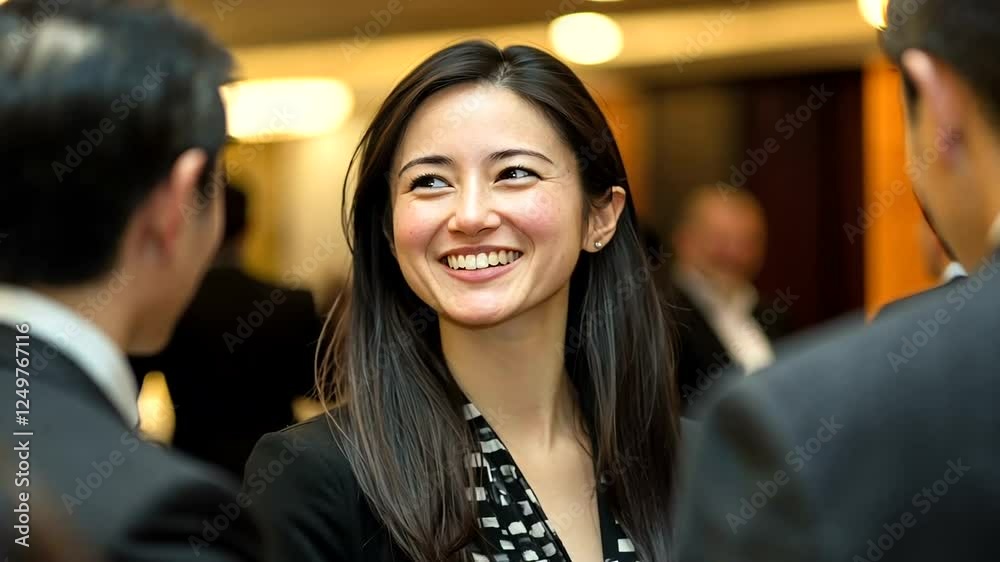 Smiling woman engaged in conversation at a networking event Smiling woman engaged in conversation at a networking event