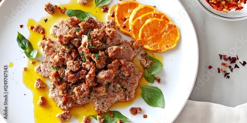 Savory Sausage with Orange and Basil: A tantalizing culinary creation, featuring crispy sausage crumbles adorned with fresh basil and juicy orange slices.  The glistening citrus sauce adds a bright.