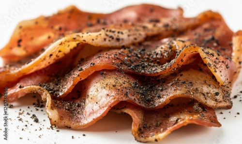 Sliced natural bacon seasoned with black peppe image photo