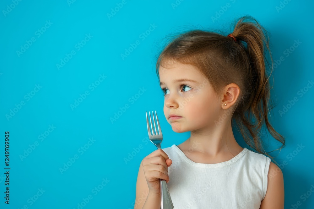 Portrait of lovely cheery minded girl holding fork looking aside copy space pondering over bright blue color background. Portrait of lovely cheery minded girl holding fork looking aside copy space pondering over bright blue color background.