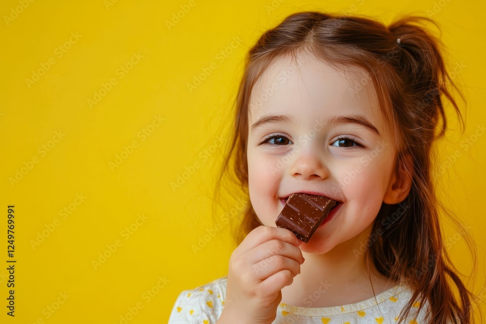 Pretty girl takes a bite of with milk chocolate on yellow background in studio with copyspace. Pretty girl takes a bite of with milk chocolate on yellow background in studio with copyspace.