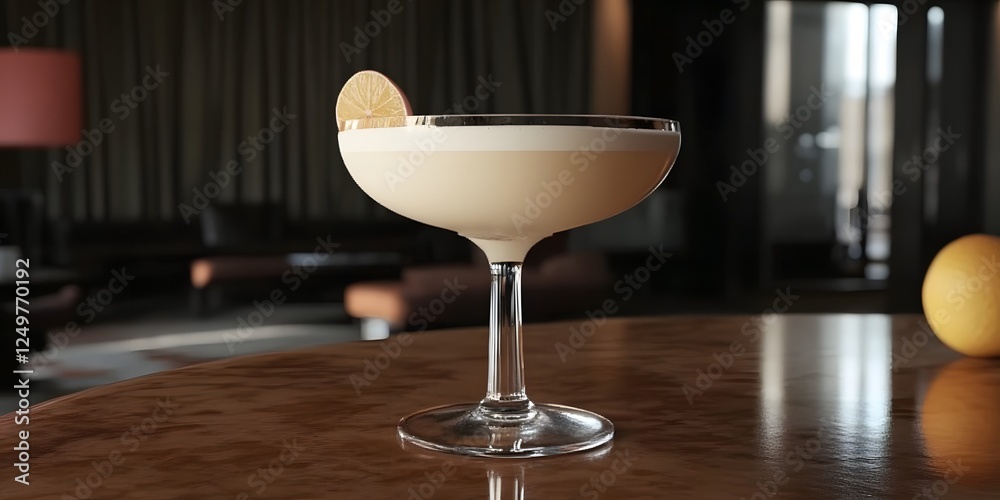 Creamy Cocktail in Lounge: A luxurious, creamy cocktail garnished with a delicate orange peel sits on a polished copper table in an upscale lounge setting.