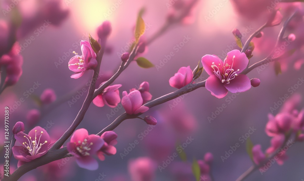 Vibrant pink blossoms on delicate branches, set against a soft pastel background, radiating spring's energy Vibrant pink blossoms on delicate branches, set against a soft pastel background, radiating spring's energy
