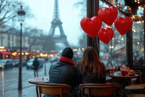 beautiful couple with balls in the shape of hearts near Eiffel Tower, honeymoon in Paris, romantic moment
