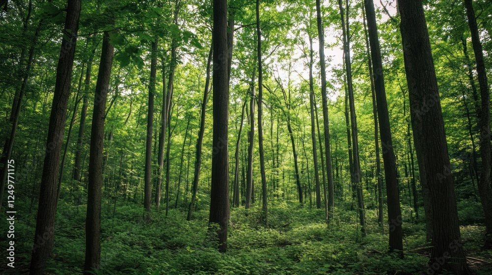 Sunlight Through Dense Green Forest Canopy: A Serene Natural Landscape Sunlight Through Dense Green Forest Canopy: A Serene Natural Landscape