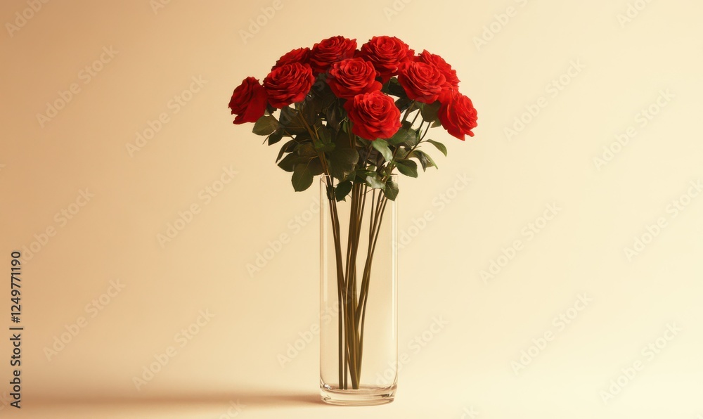 Obraz premium Vibrant red roses in a tall glass vase, set against a muted background for a timeless floral arrangement