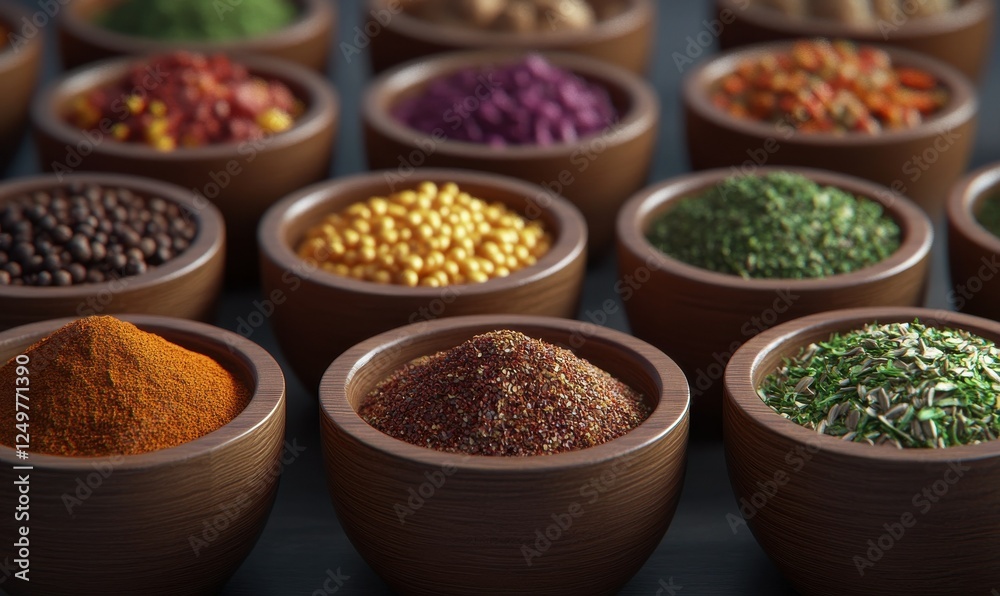 Vibrant spices and herbs arranged in small wooden bowls, their rich colors and textures evoking the essence of culinary diversity Vibrant spices and herbs arranged in small wooden bowls, their rich colors and textures evoking the essence of culinary diversity