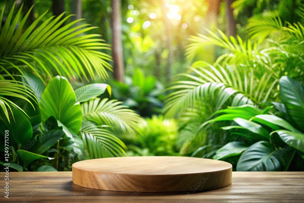 Fototapeta premium Wood tabletop podium floor in outdoors tropical garden forest blurred green leaf plant nature background.