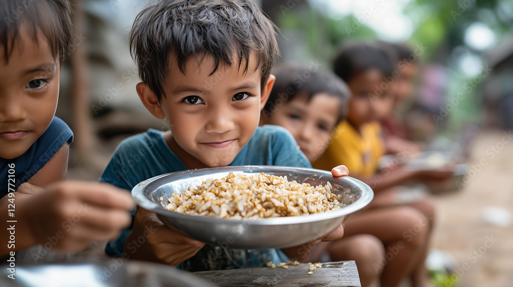 Children in a village holding bowls of rice, smiling joyfully, representing food donation and humanitarian aid.