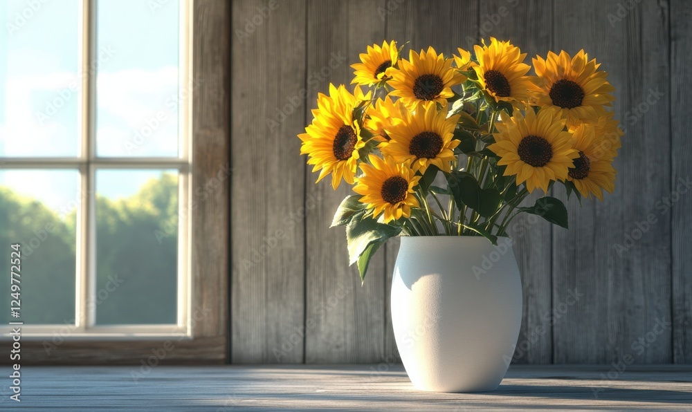 custom made wallpaper toronto digitalVibrant yellow sunflowers in a white vase against a rustic wooden backdrop, their bold colors radiating cheer and optimism