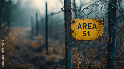 Mysterious and moody Area 51 sign on a rusty fence, symbolizing secrecy, conspiracy theories, and restricted access.